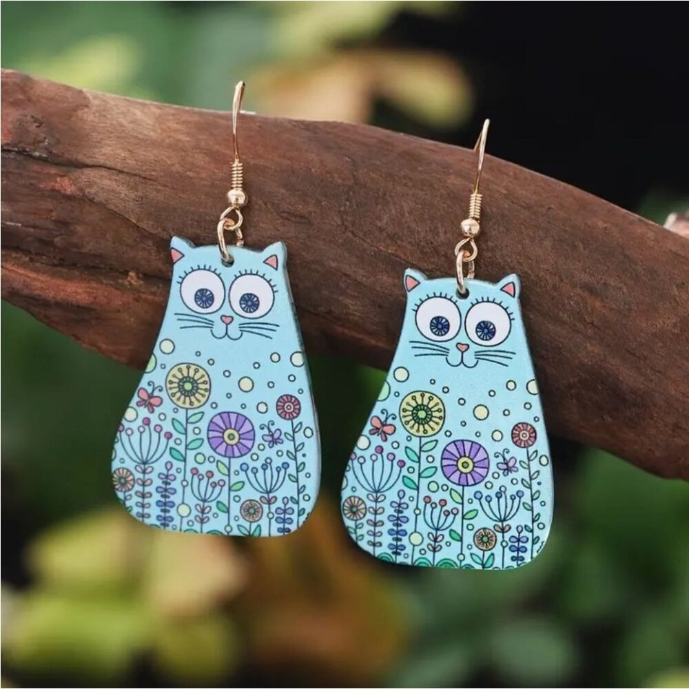 Cat-Themed Acrylic Earrings With Floral Design & Hook Closure